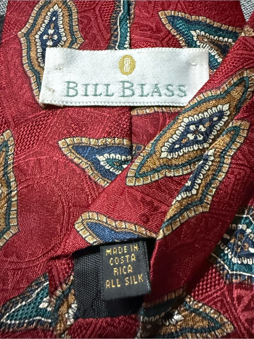 bill blass Red Tie with Teal and Gold Diamond Motifs